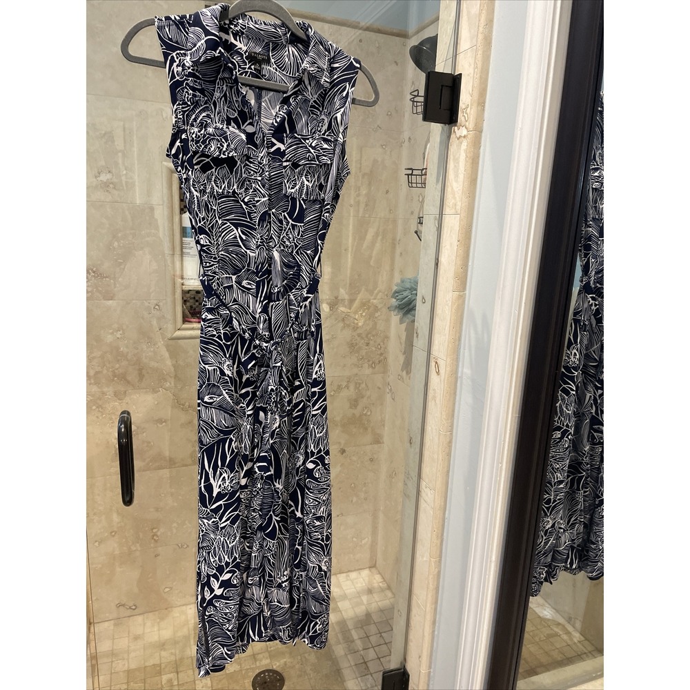 Talbots Blue White Hawaiian Floral Sleeveless Button Front Maxi Dress Petite S